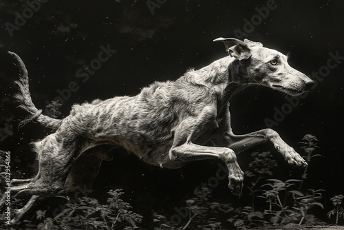 A graceful greyhound leaping gracefully over a fallen log in a woodland clearing  muscles rippling with power.