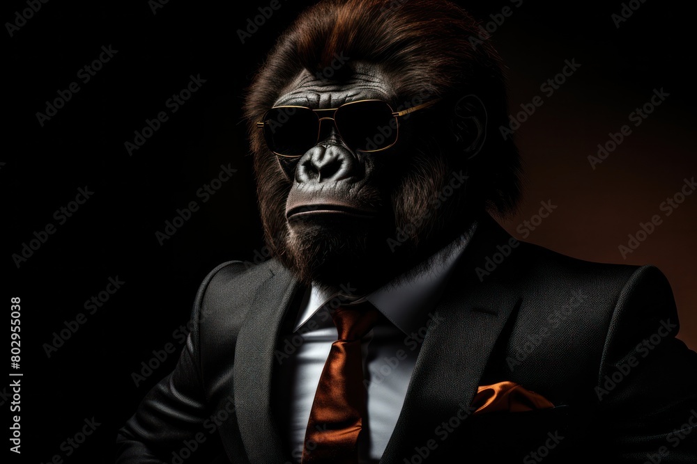 Funny gorilla with sunglasses in a suit on a black background.