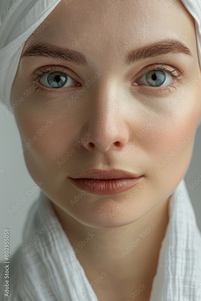 A close up of a woman with a towel on her head. Suitable for beauty and spa concepts A close up of a woman with a towel on her head. Suitable for beauty and spa concepts