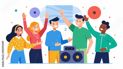The instructor giving high fives and congratulating each group as they successfully complete assembling their record player. Vector illustration