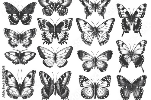 A bunch of black and white butterflies. Suitable for nature themes
