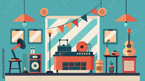 The shop held occasional events such as live music performances using only vintage equipment showcasing the quality and durability of these devices. Vector illustration