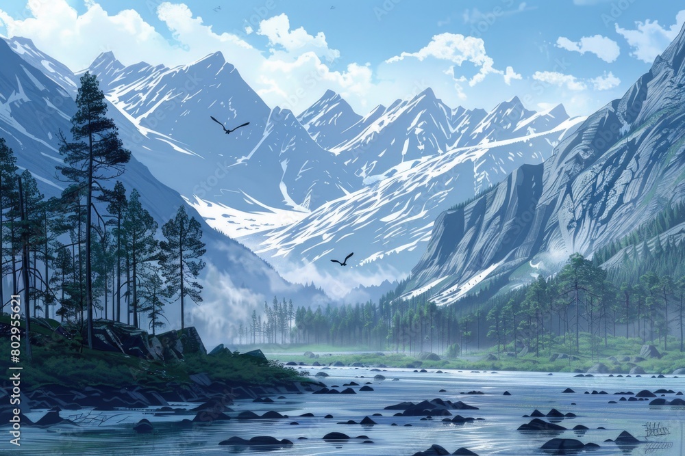 Scenic view of mountains with birds flying in the sky. Suitable for nature and travel concepts Scenic view of mountains with birds flying in the sky. Suitable for nature and travel concepts