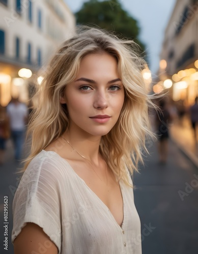 Young woman on a city street looking confident at camera