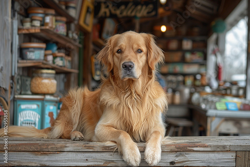 A loyal golden retriever waiting patiently for its owner outside a quaint country store.