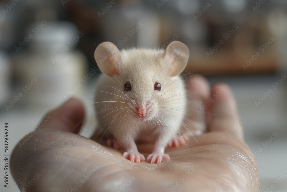 fawn mouse in human hand on blurred background. Close-up. fawn mouse in human hand on blurred background. Close-up.