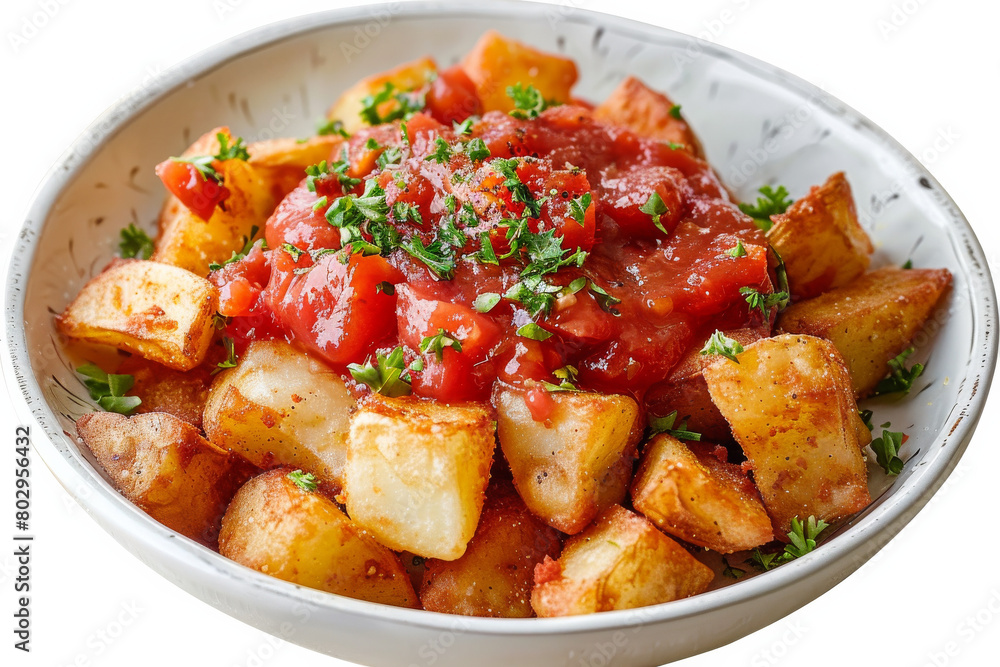 Spanish Patatas Bravas with Spicy Tomato Sauce, Isolated on a Transparent Background Spanish Patatas Bravas with Spicy Tomato Sauce, Isolated on a Transparent Background