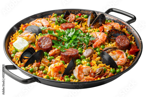 Spanish Paella with Seafood and Chorizo, Isolated on a Transparent Background