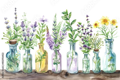 Glass bottles filled with different types of flowers, perfect for home decor or floral arrangements