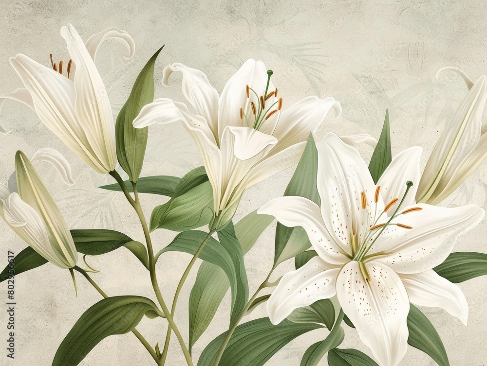 Fototapeta premium Classic illustration of lilies, featuring vintage botanical art style, perfect for a sophisticated floral display