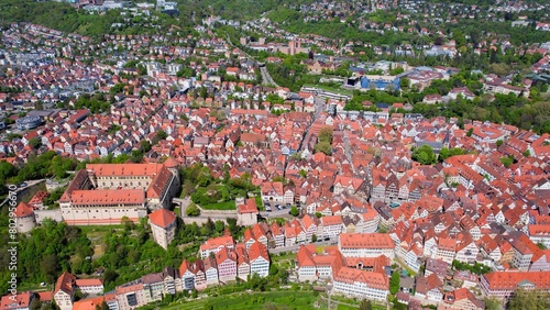 Aerial view of the old town Tübingen in Germany on a sunny day in Spring