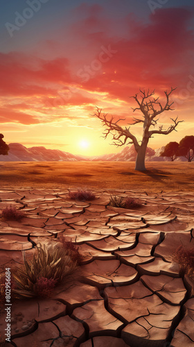 Drought. Desert landscape with cracked soil and dry tree at sunset. Global ecology concept.
