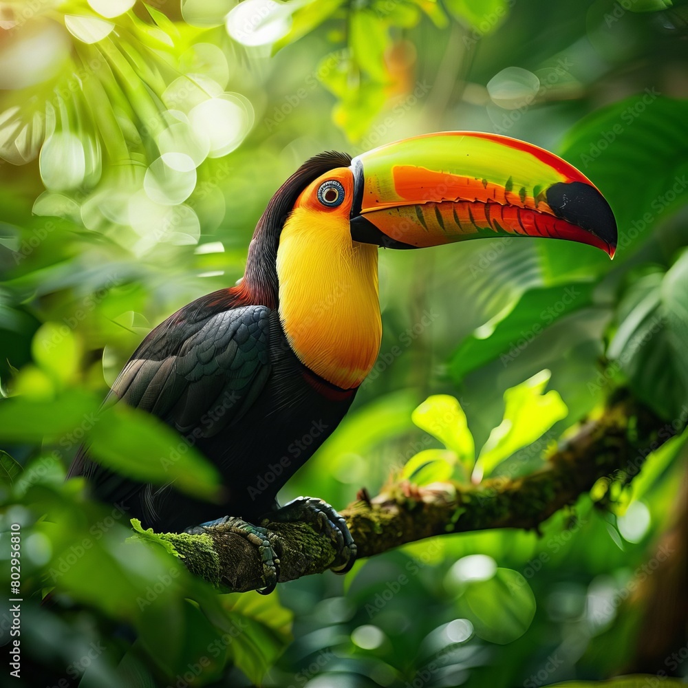 Fototapeta premium A colorful toucan in the dense rainforest