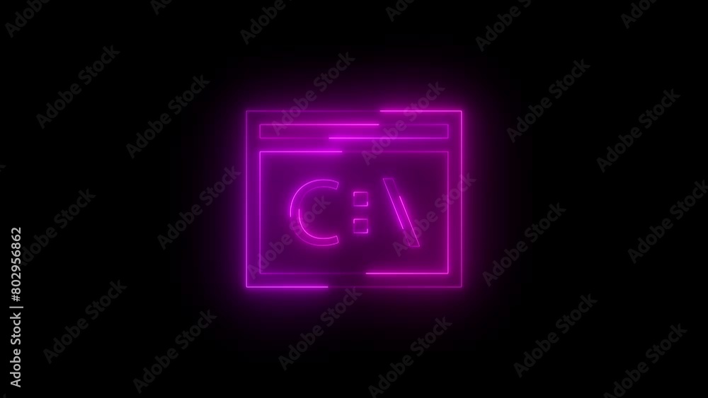 Neon glowing pink color command prompt icon on black background animation Neon glowing pink color command prompt icon on black background animation