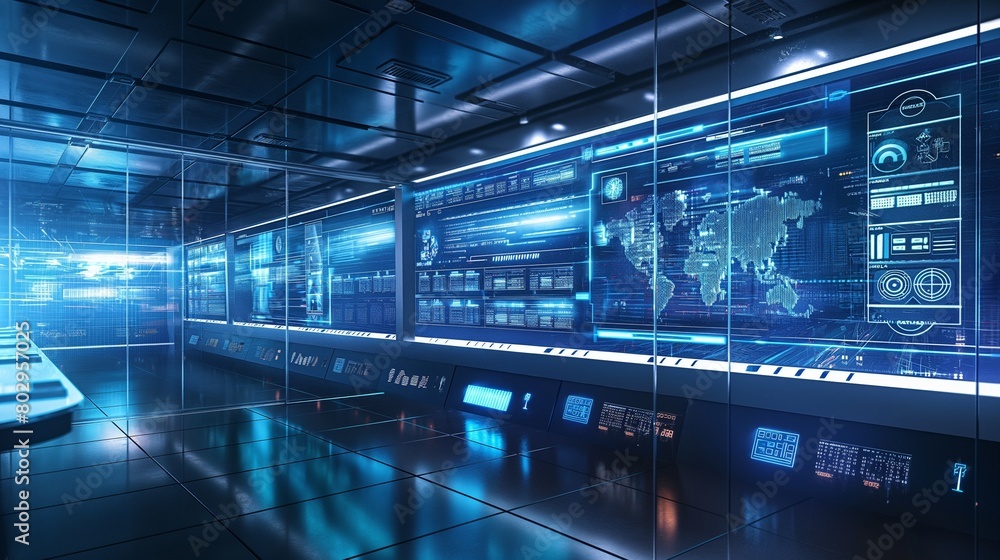 ภาพประกอบสต็อก A high-tech control room with transparent, touch ...