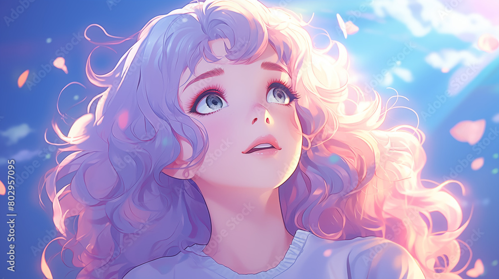 Girl with curly pastel pink hair gazes upwards 2D cartoon illustration. Female eyes filled with wonder lofi wallpaper background lo-fi art. Sky with floating petals flat image cozy vibe