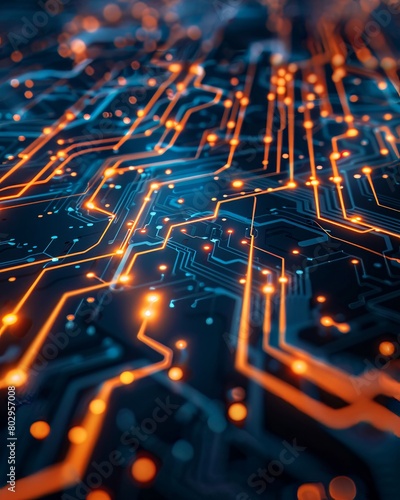 Closeup of a circuit board with cyber connections, representing the intricate networks that power technology today