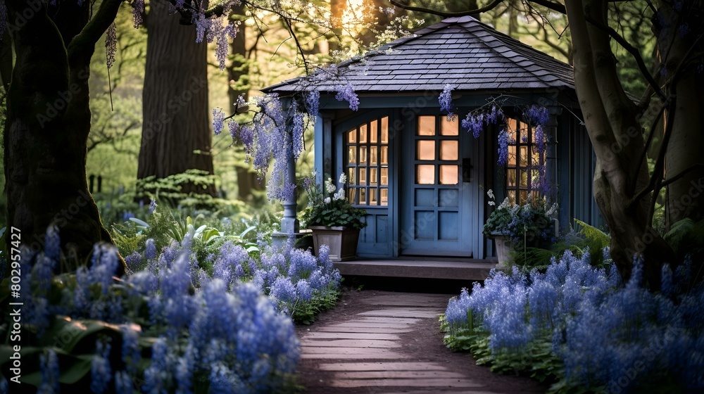 A serene blue gazebo nestled amidst a vibrant sea of purple flowers A serene blue gazebo nestled amidst a vibrant sea of purple flowers