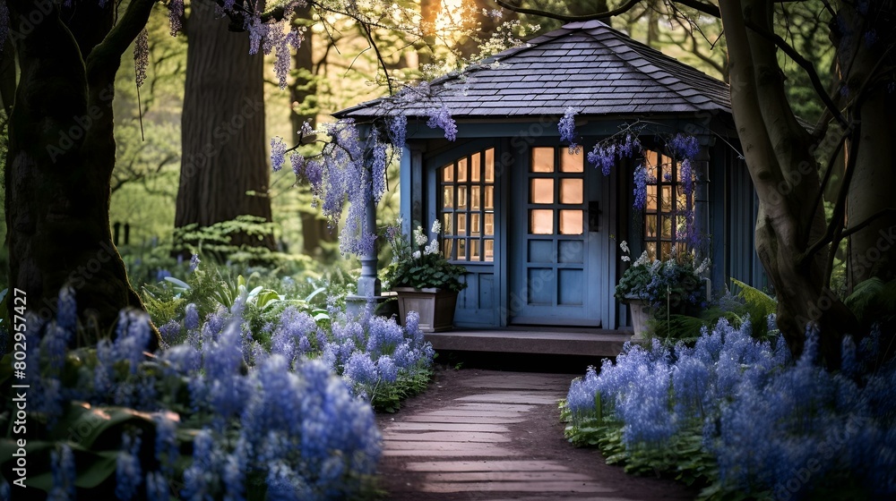 A serene blue gazebo nestled amidst a vibrant sea of purple flowers