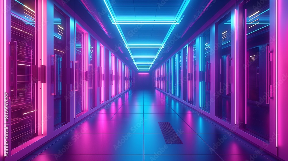 A neon-lit corridor in cyberspace, lined with doors to data vaults, each door requiring a unique digital key, illustrating the concept of compartmentalized data security. 