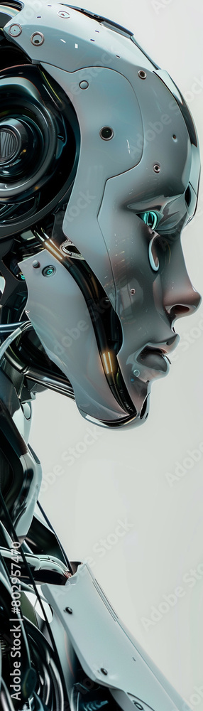 The image shows a close-up of a female robot's face The image shows a close-up of a female robot's face