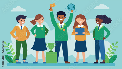 An award ceremony recognizing the efforts of the Sustainable School Uniform Program in promoting sustainable fashion and environmental responsibility.. Vector illustration
