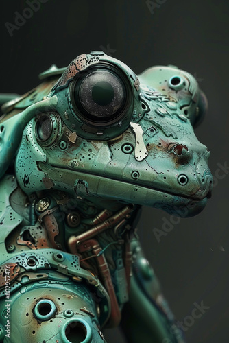 The image is a steampunk frog. It has a metal body with a verdigris patina and a clockwork mechanism for its face.