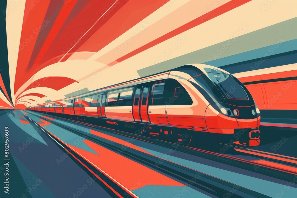 Naklejka premium A red and white train traveling through a tunnel. Perfect for transportation themes