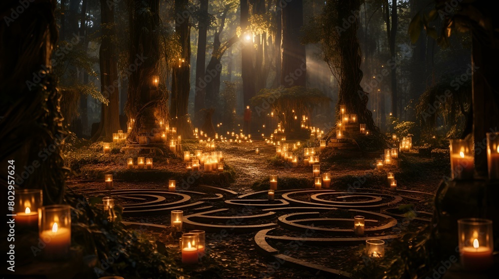 A serene forest scene with candles illuminating a maze in the center A serene forest scene with candles illuminating a maze in the center