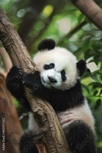 A cute panda bear sitting on a tree branch. Suitable for wildlife and nature concepts