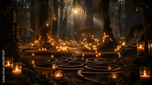 A serene forest scene with candles illuminating a maze in the center