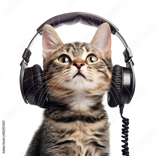 Music, earphones, cool animal concept Kitten listening to music Generative AI