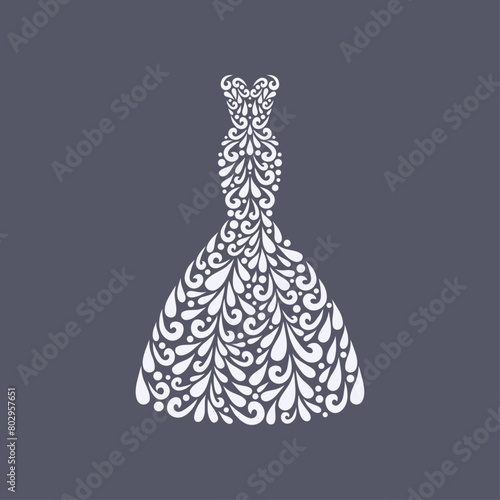 Mermaid silhouette wedding dress. Vector floral decoration made from swirl shapes. Fashion decorative gray and white illustration.