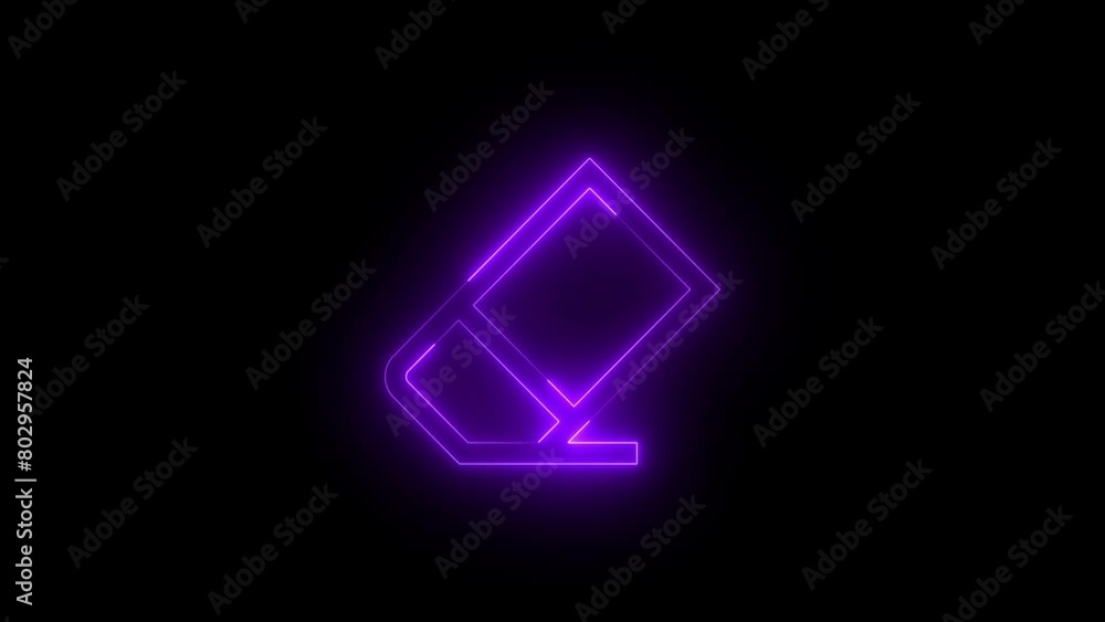 Neon glowing purple color erase tool icon on black background animation Neon glowing purple color erase tool icon on black background animation