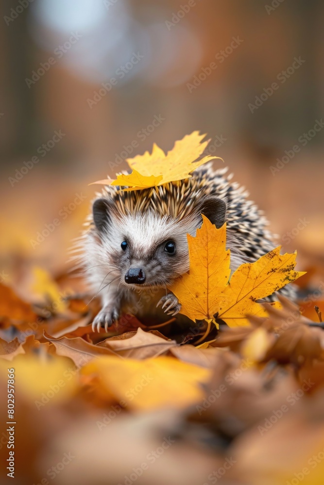 A small hedge sitting on top of a pile of leaves. Suitable for autumn themes A small hedge sitting on top of a pile of leaves. Suitable for autumn themes