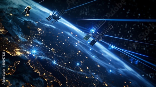 A network of satellites casting protective beams over a digital globe, creating a secure communication network free from cyber espionage. 32k, full ultra hd, high resolution