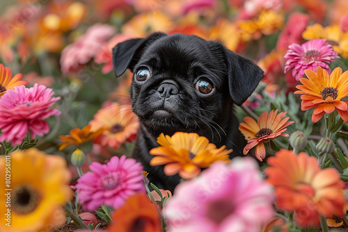 A pair of curious pug puppies investigating a colorful patch of flowers in a sunny garden, noses pressed close to the petals.