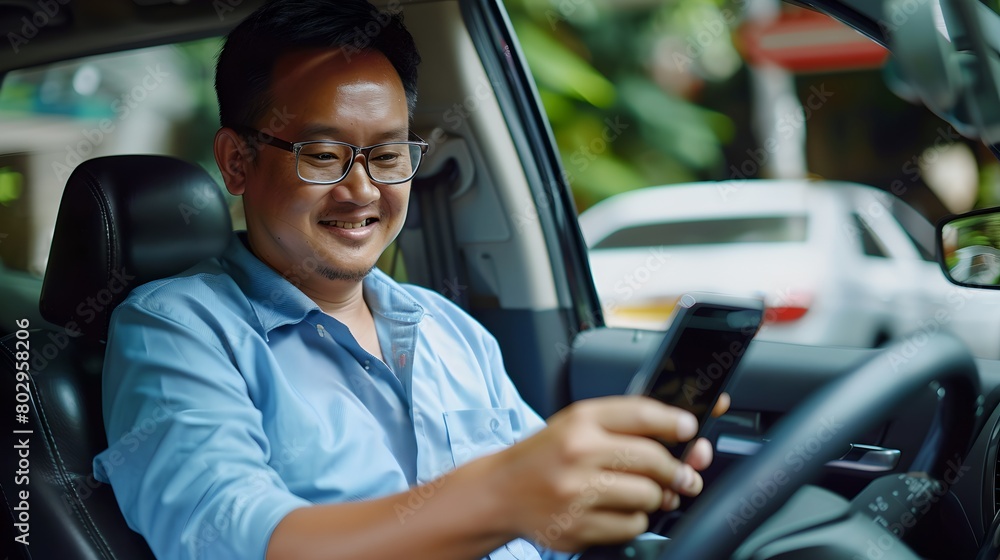 Smiling man in glasses using smartphone while sitting in the driver's seat of a car. Casual style, contemporary technology use. AI Smiling man in glasses using smartphone while sitting in the driver's seat of a car. Casual style, contemporary technology use. AI
