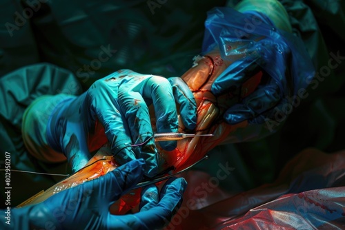 A person in blue gloves performing surgery. Ideal for medical and healthcare concepts