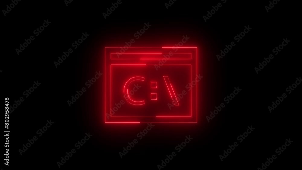 Neon glowing red color command prompt icon on black background animation Neon glowing red color command prompt icon on black background animation