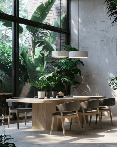 Contemporary dining space with large windows  allowing sunlight to highlight the greenery of indoor plants