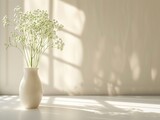 Delicate Babys Breath in a slender vase set against a tranquil light interior, a symbol of purity and simplicity