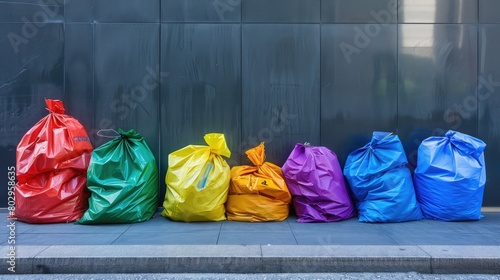 Colorful garbage bags lined up against a modern grey wall photo