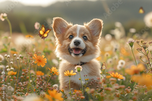A pair of fluffy corgi puppies chasing butterflies in a wildflower meadow.