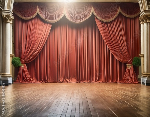 red curtain with curtains, a luxurious red curtain draping majestically over an empty wood grain shiny polished stage background, 