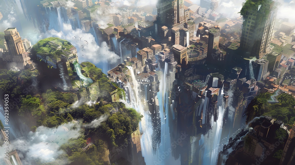 Illustrate a surreal utopia through an aerial lens