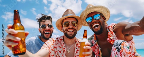An image of group of three young men partying on the beach in the sun with bottles of beer wearing hats and sunglasses photo