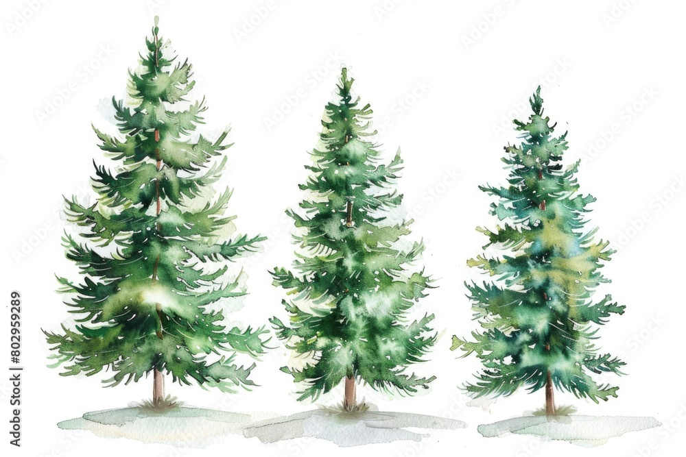 A serene painting of three evergreen trees covered in snow. Perfect for winter-themed designs