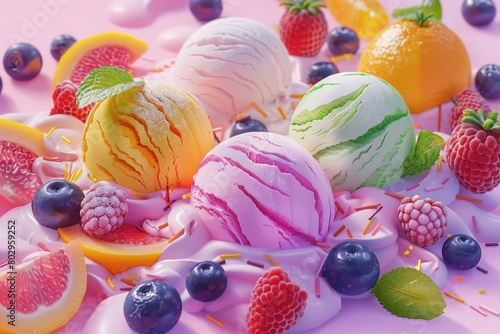 A variety of colorful ice creams and fresh fruit on a pink surface. Ideal for summer food and dessert concepts