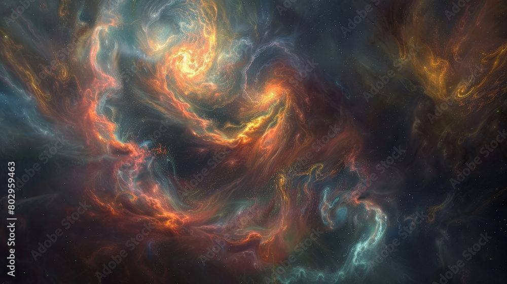 Dynamic abstract space backdrop with swirling hues and luminous highlights